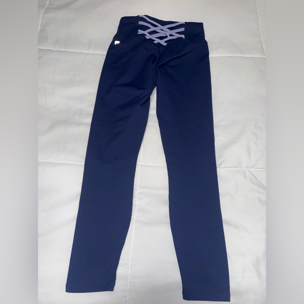Fabletics Navy Leggings with Light Purple Crisscross Waist